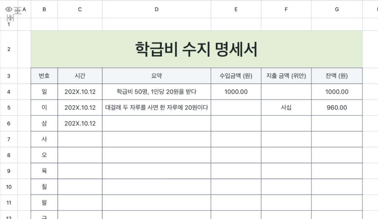 학급비 수지 명세서